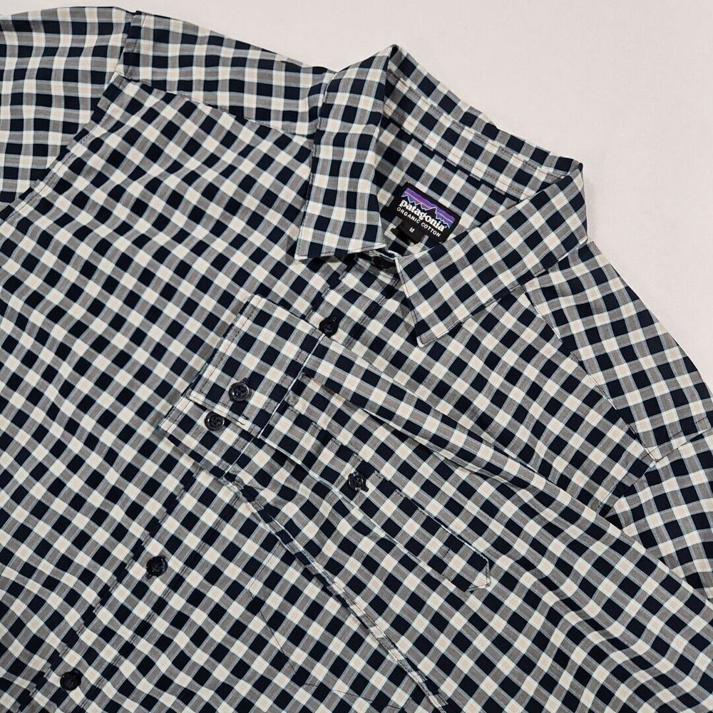 Patagonia Shirt Mens M Fezzman Blue Tan Plaid Long Sleeve Organic‎ Cotton Blend